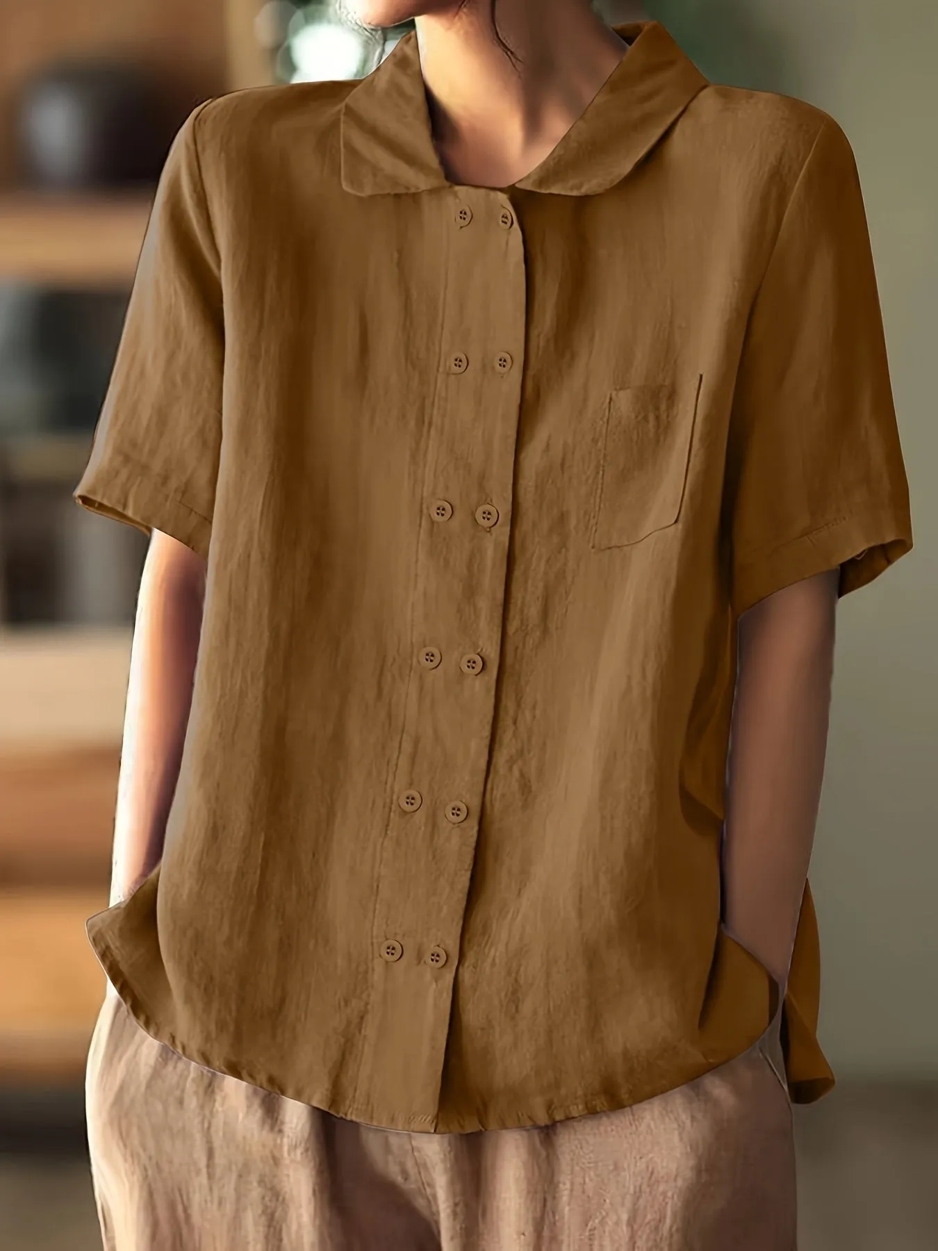 Casual Short Sleeve Cotton Shirt - Loose Fit & Buttons