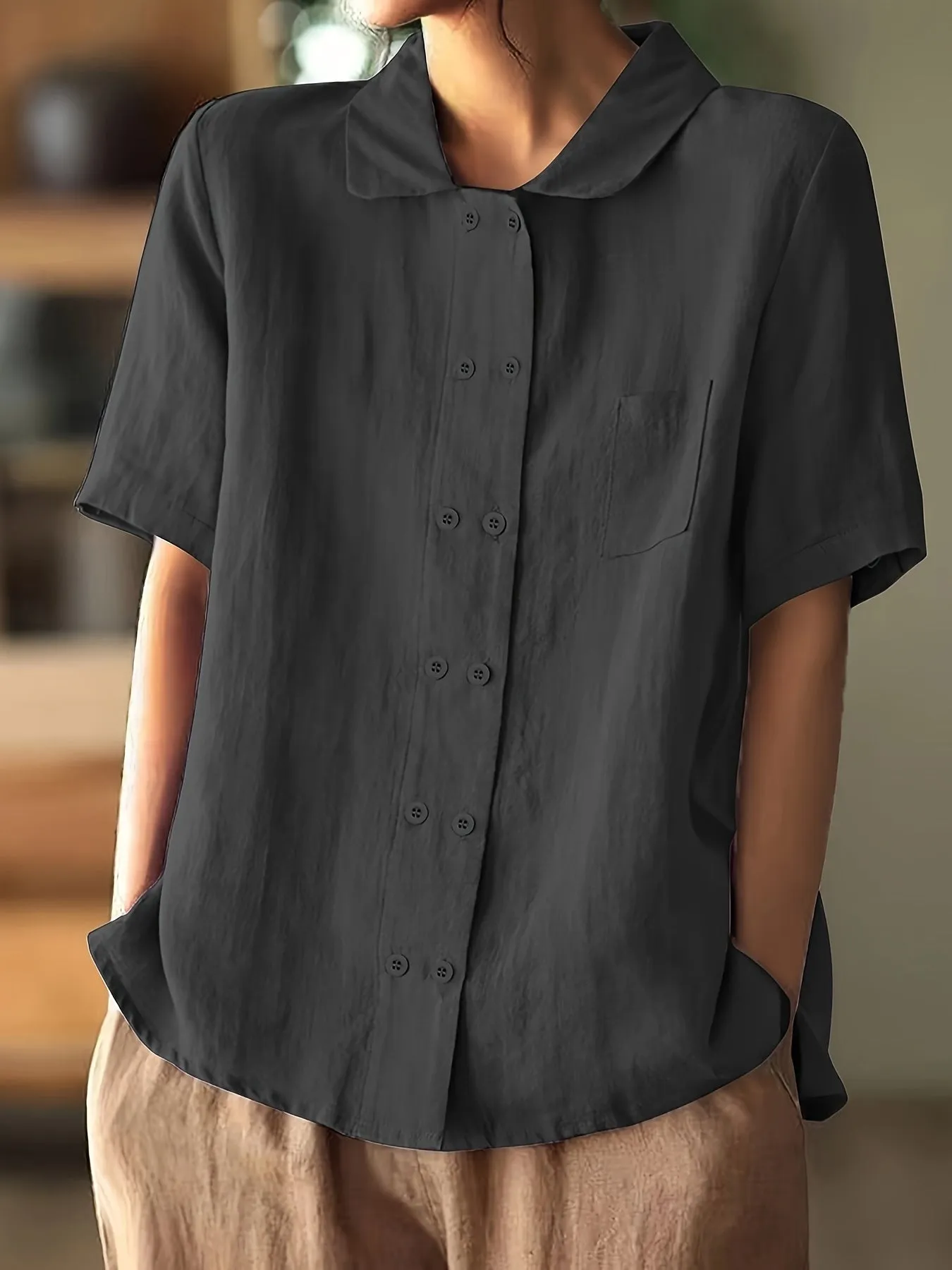 Casual Short Sleeve Cotton Shirt - Loose Fit & Buttons