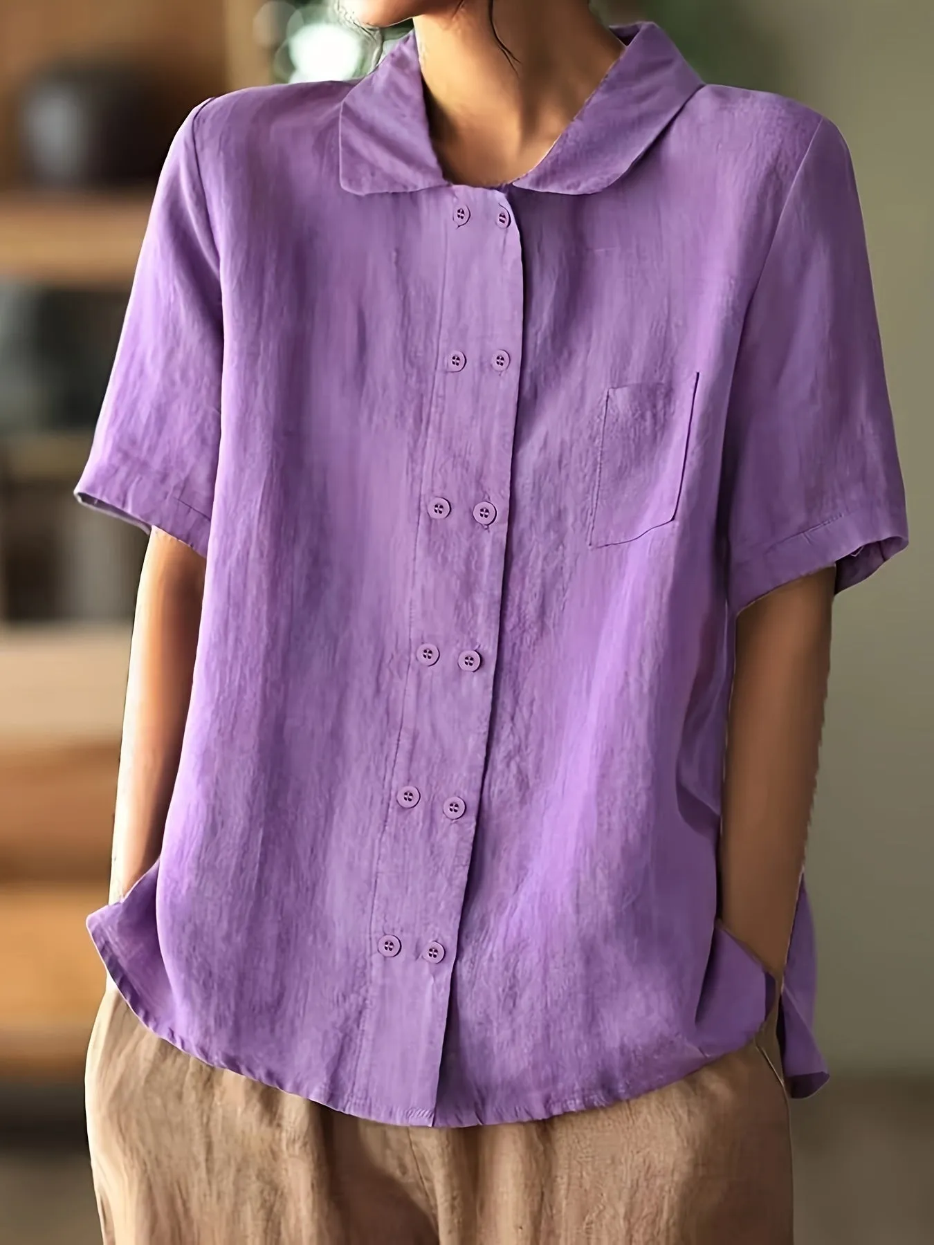 Casual Short Sleeve Cotton Shirt - Loose Fit & Buttons