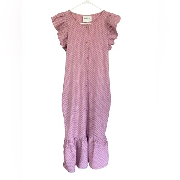 Cecilie Copenhagen Pink Jacquard Flutter Sleeve Button Front Flounce Midi Dress