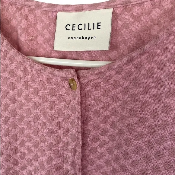 Cecilie Copenhagen Pink Jacquard Flutter Sleeve Button Front Flounce Midi Dress