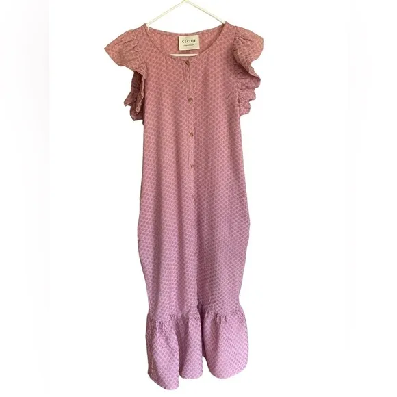 Cecilie Copenhagen Pink Jacquard Flutter Sleeve Button Front Flounce Midi Dress