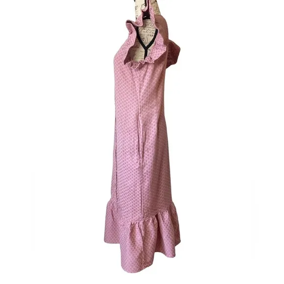Cecilie Copenhagen Pink Jacquard Flutter Sleeve Button Front Flounce Midi Dress
