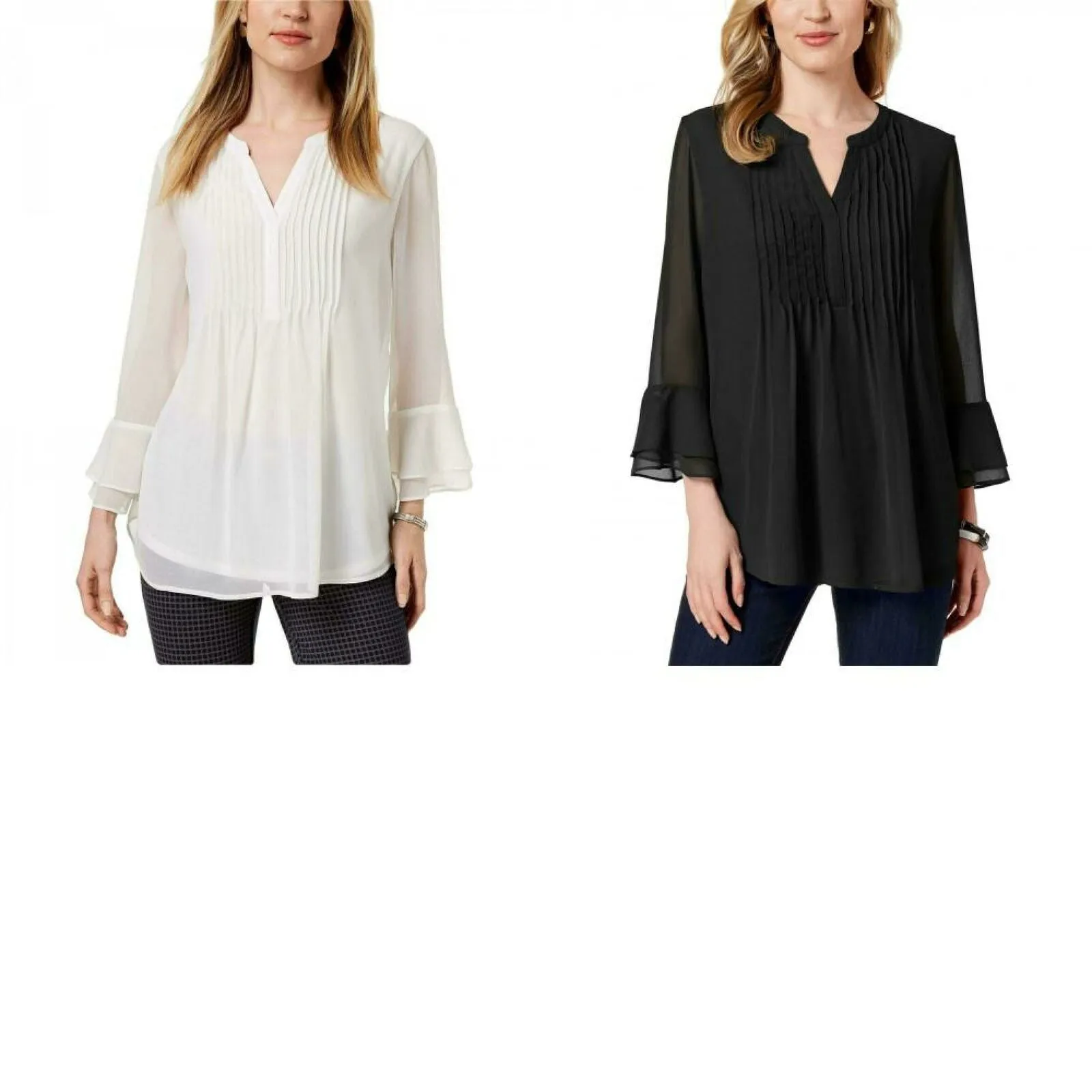 Charter Club Women's Double Ruffle Solid Pintuck Blouse
