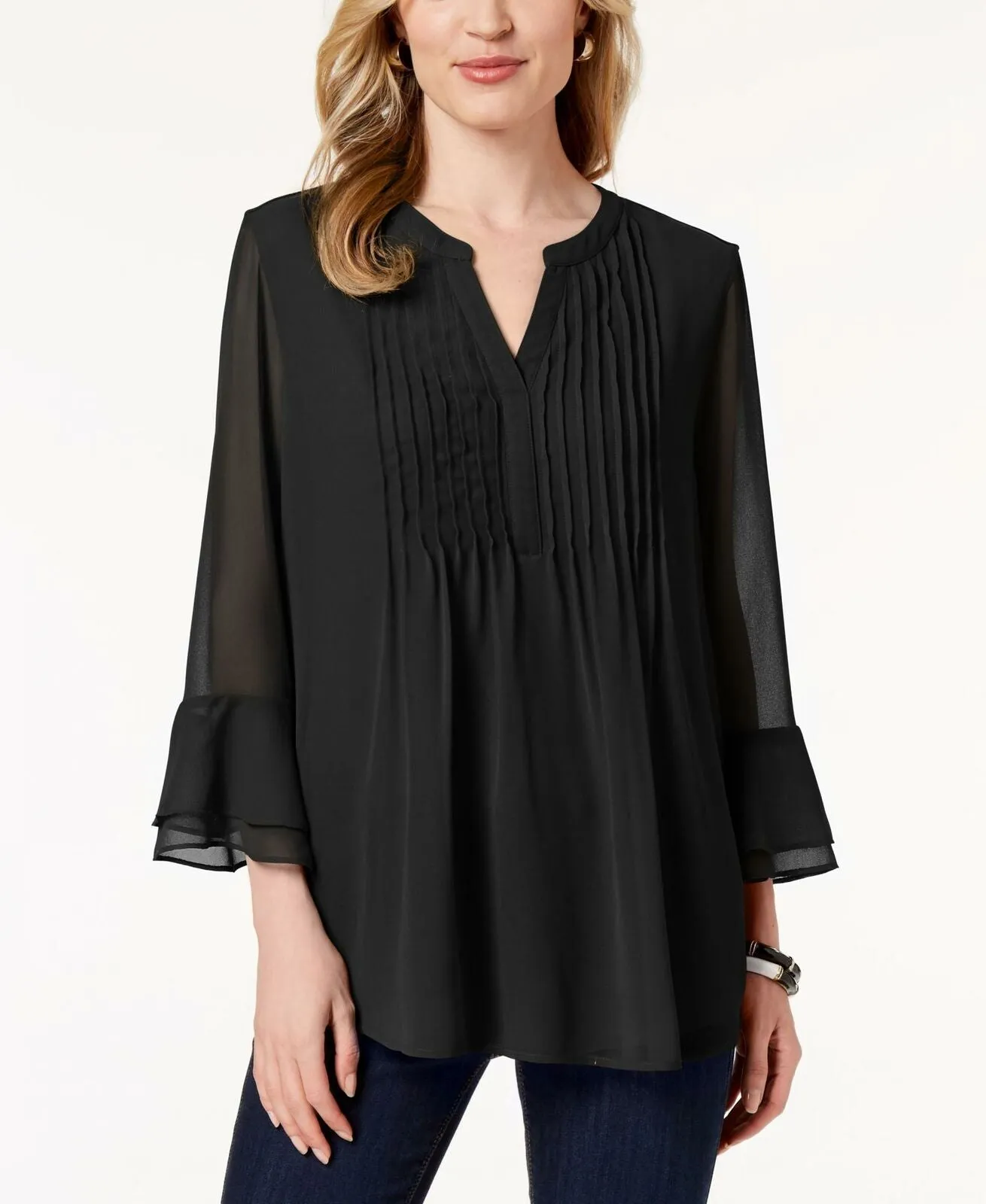 Charter Club Women's Double Ruffle Solid Pintuck Blouse