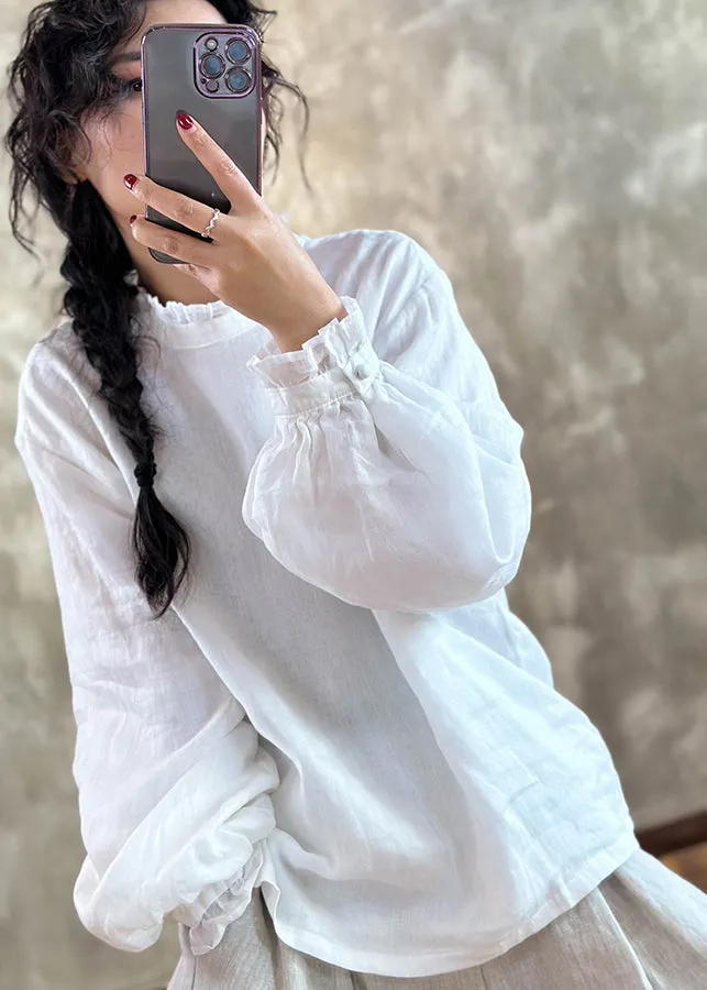 Chic Red Ruffled Linen Blouses Lantern Sleeve