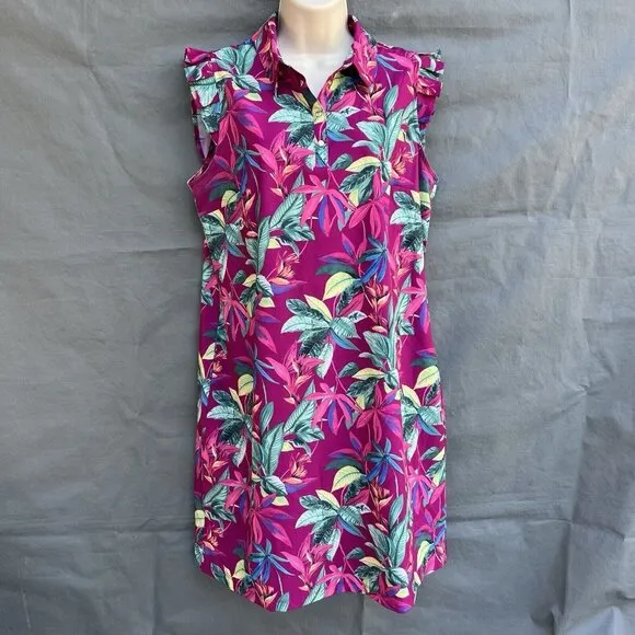 Chico's Size 1 I US M Pink Ruffled Sleeve Button Dress Tropical Collared Pink