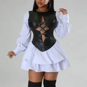 Colorblock PU Letaher Patchwork Hollow Out Ruffled Mini Dress