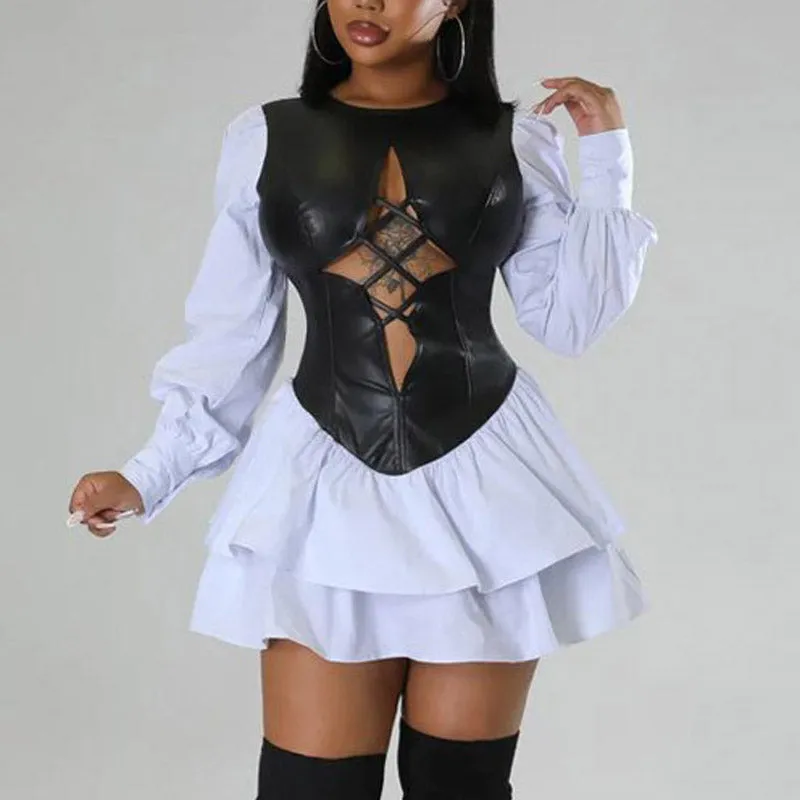 Colorblock PU Letaher Patchwork Hollow Out Ruffled Mini Dress