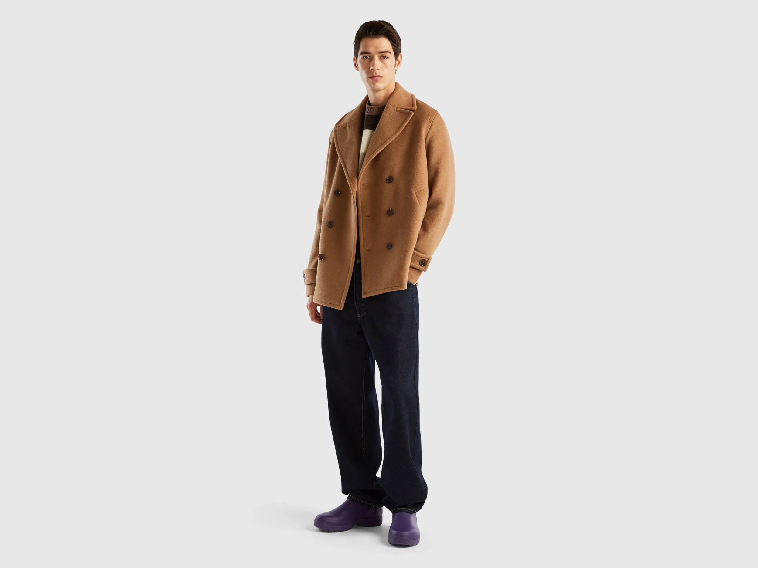 Comfortable Fit Wide Lapel Collar Double-Breasted Shetland Wool Blazer