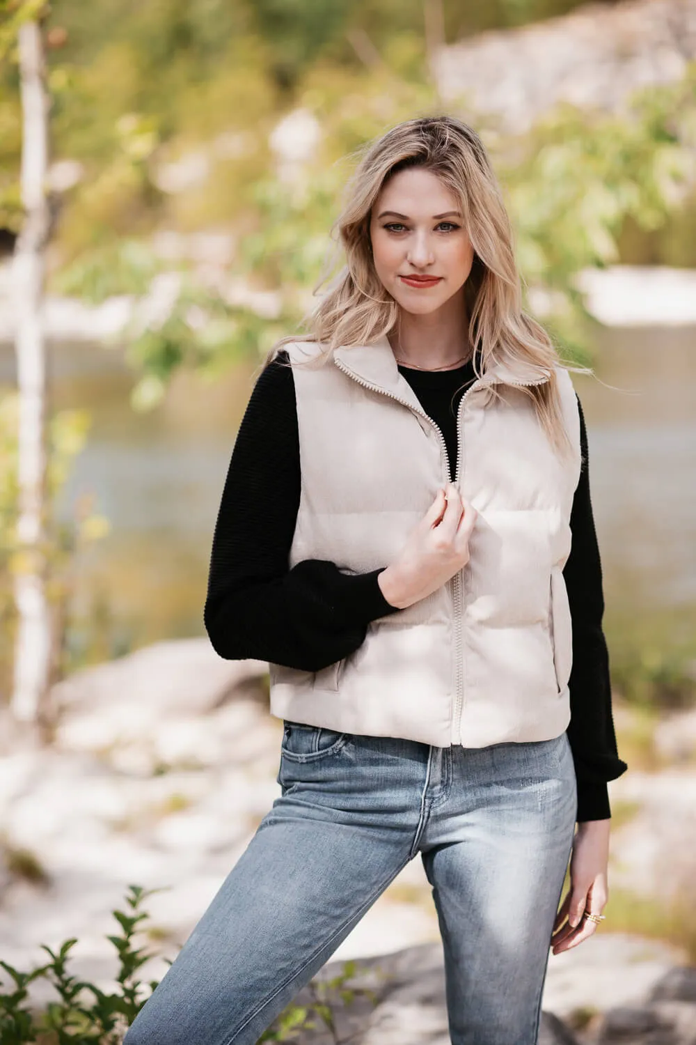Corduroy Puffer Vest for Women in Sand | H14995A-SAN