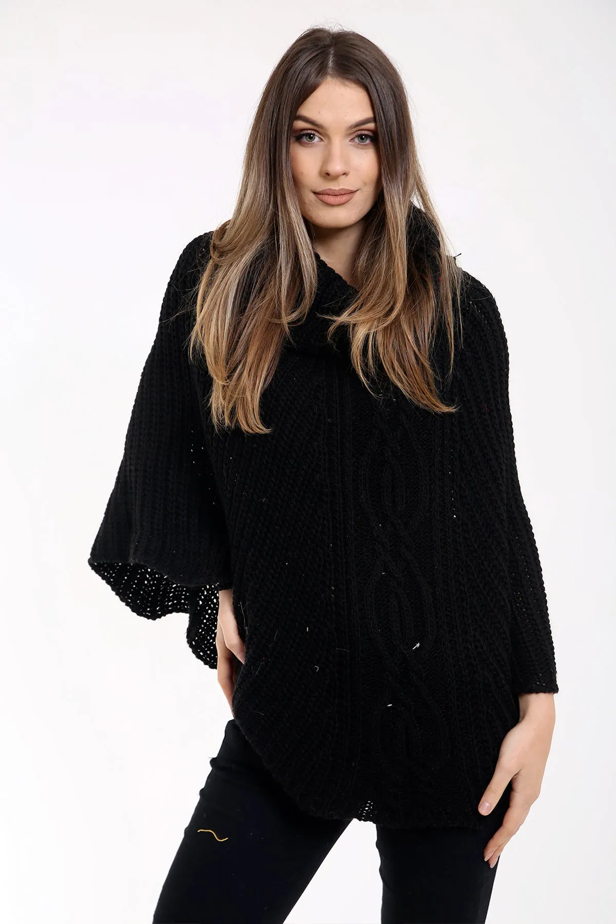 Cowl Neck Cable Knit Poncho