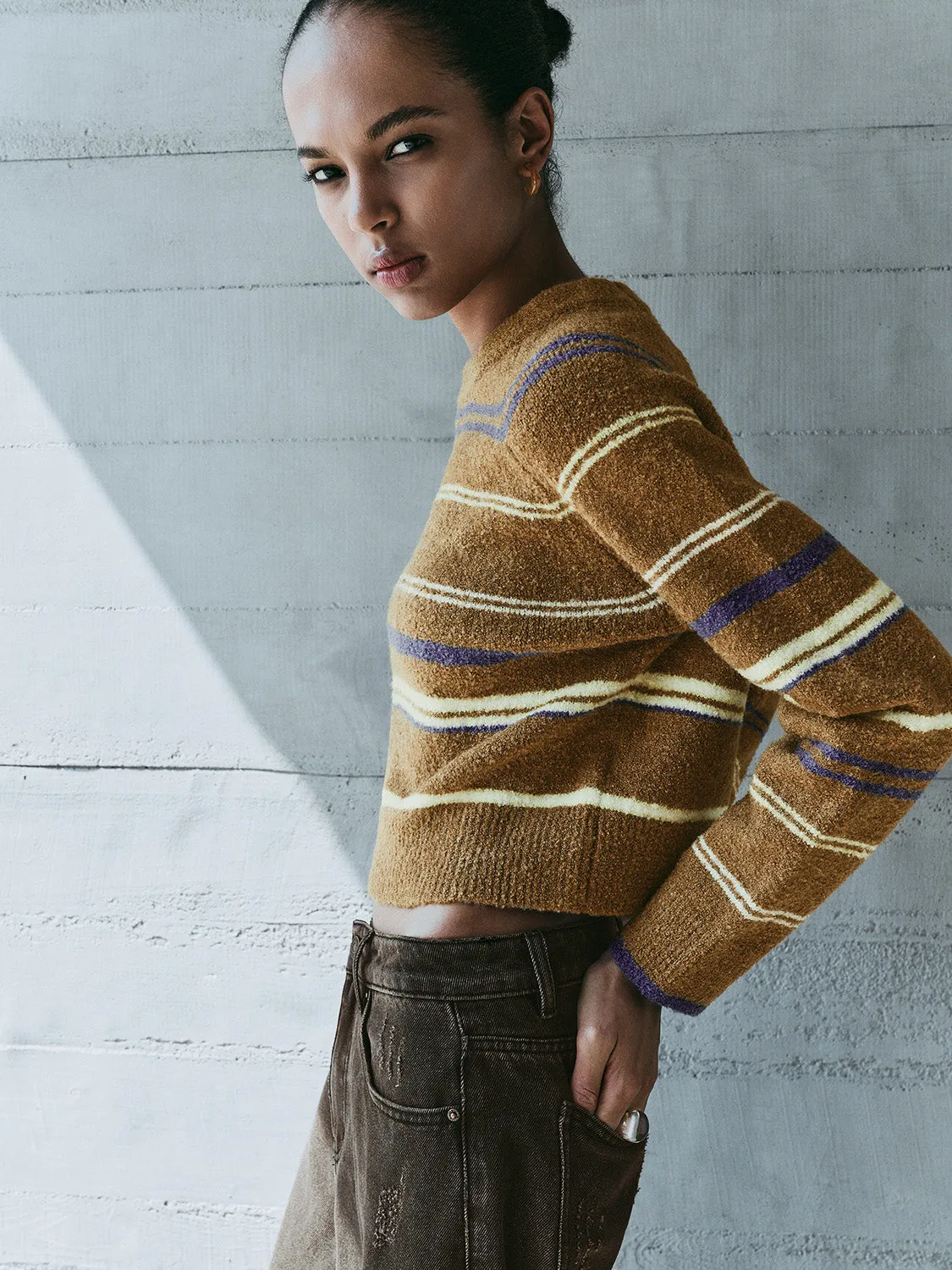 Crew Neck Striped Knitted T-Shirts