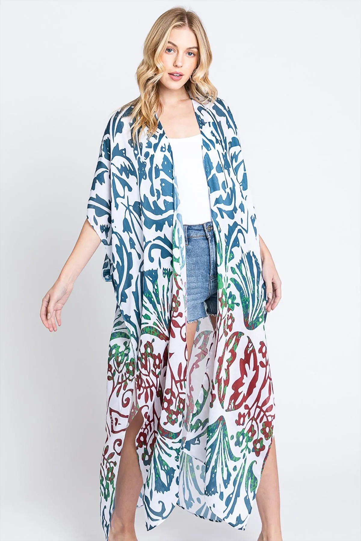 DAMASK PRINT OPEN FRONT LONG KIMONO