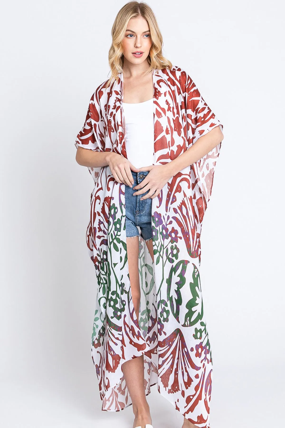 DAMASK PRINT OPEN FRONT LONG KIMONO