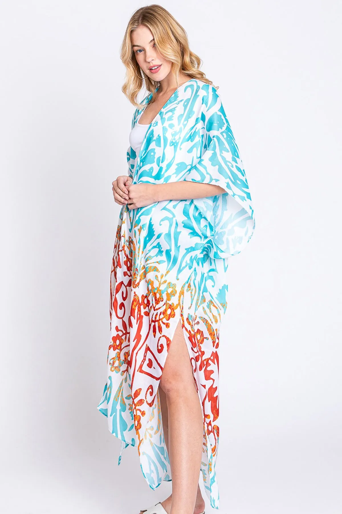 DAMASK PRINT OPEN FRONT LONG KIMONO