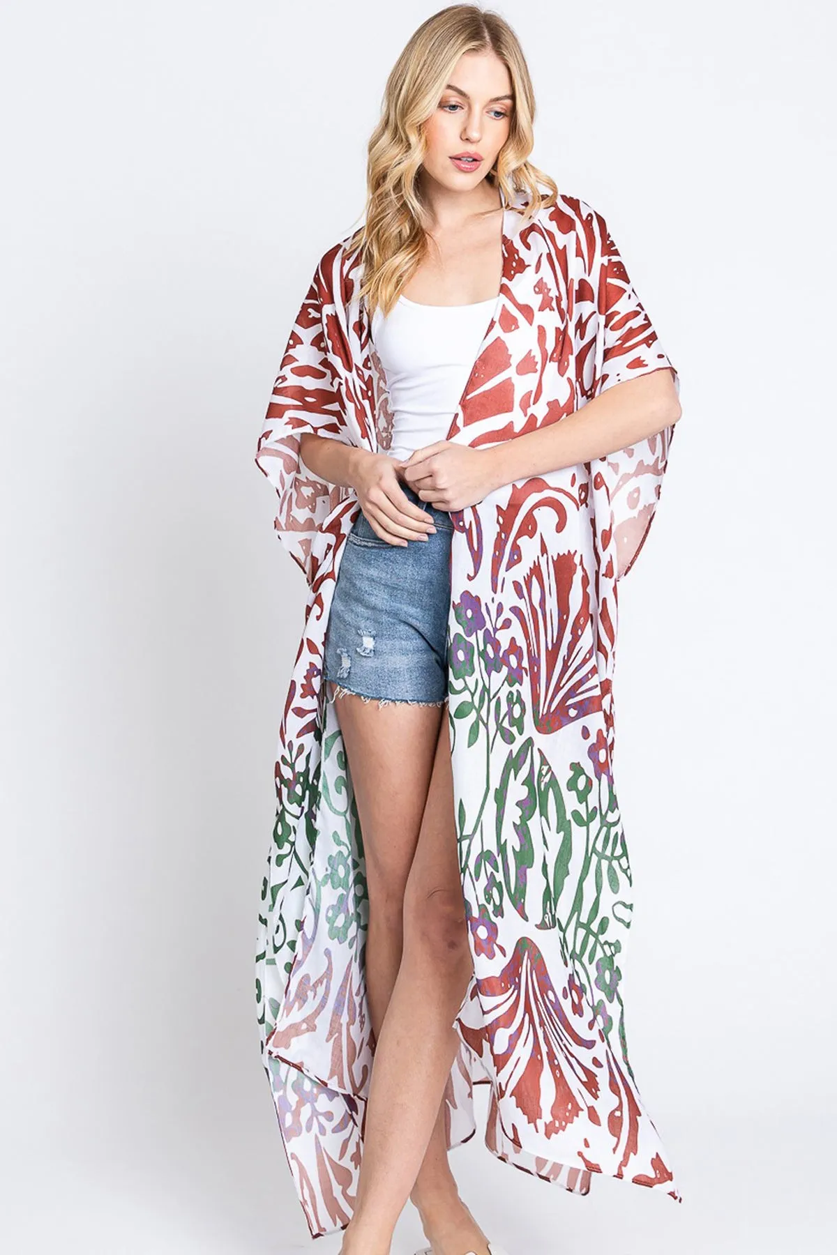 DAMASK PRINT OPEN FRONT LONG KIMONO