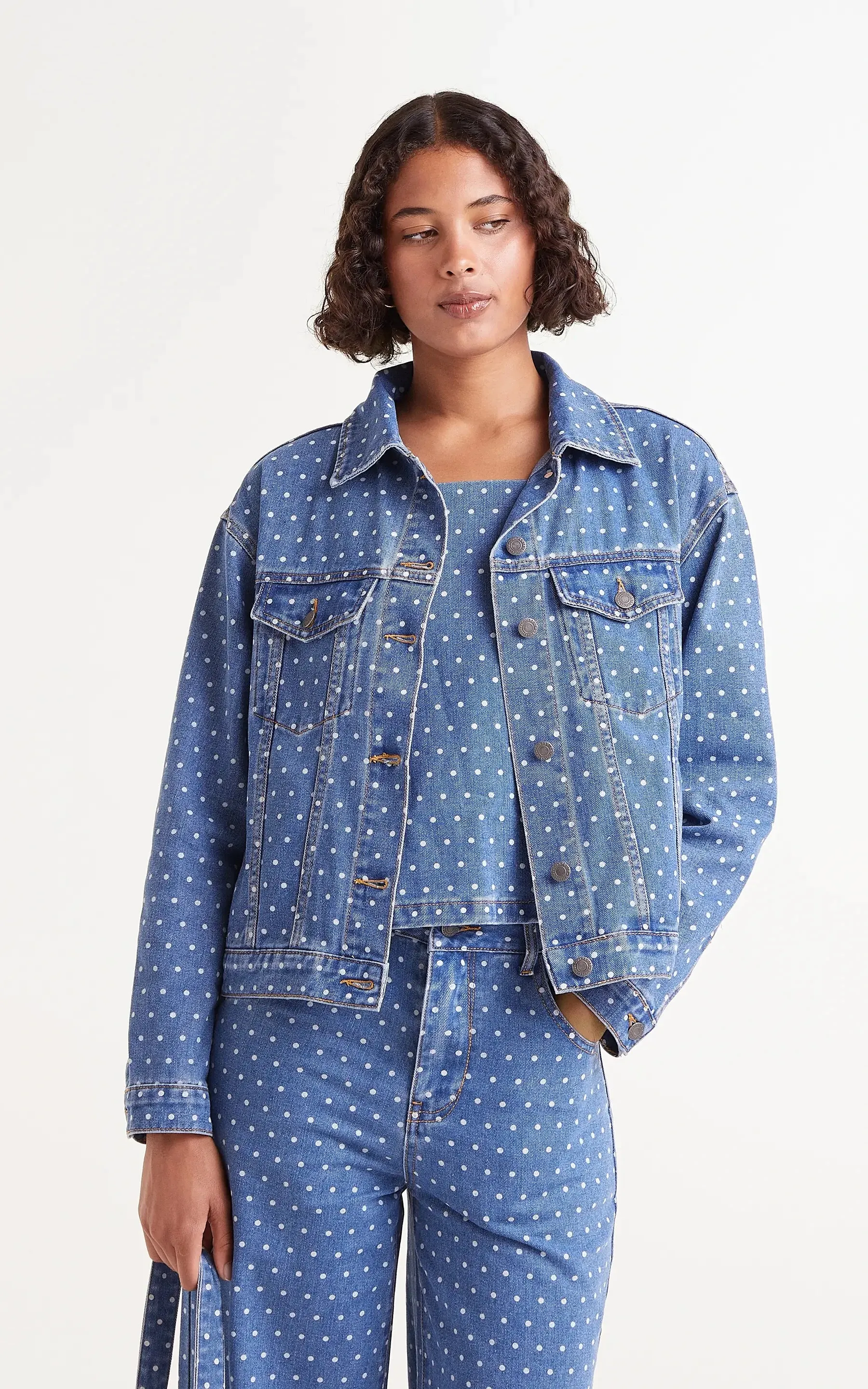 Denim Jacket With Polka Dot Print