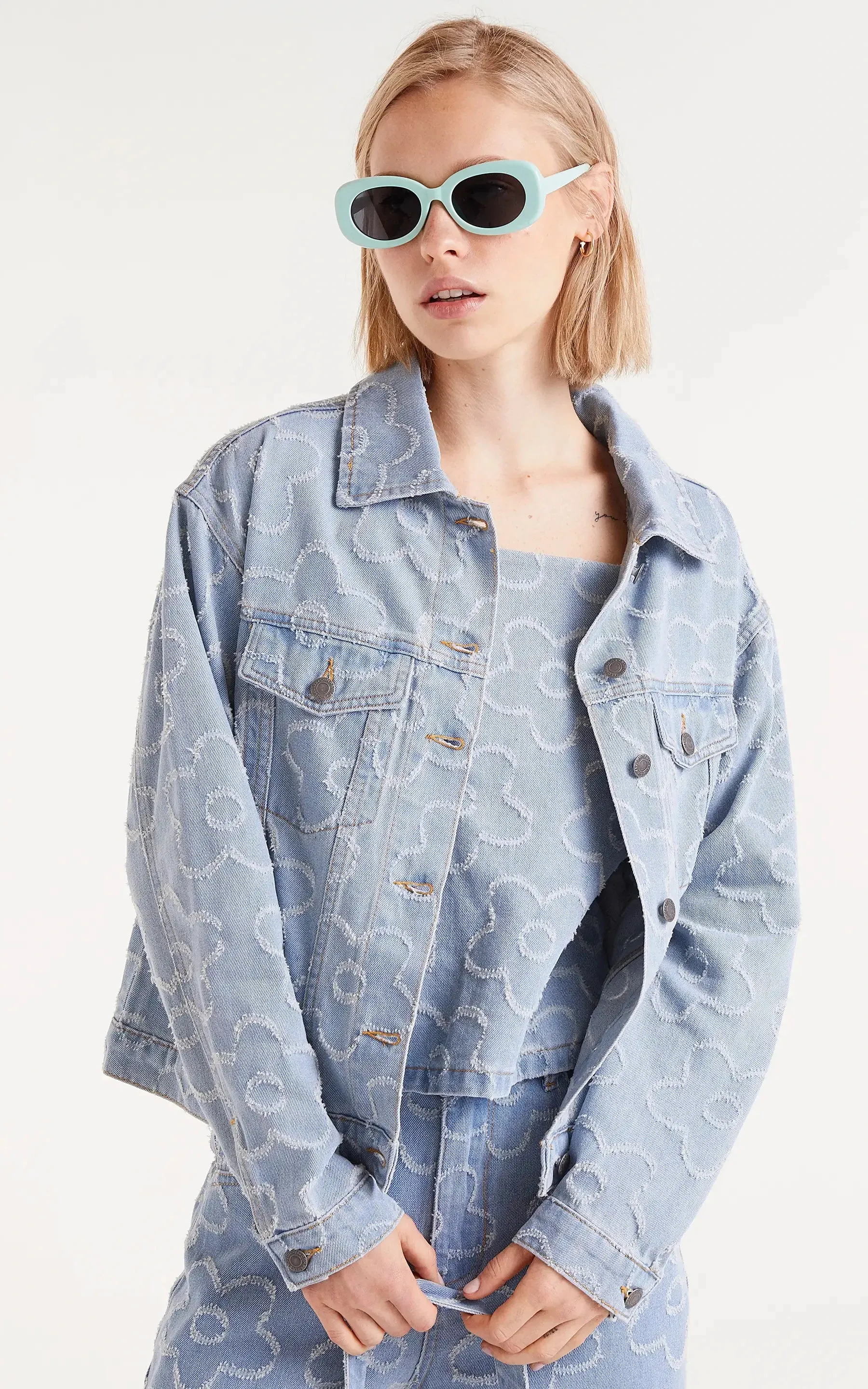 Denim Jacket With Woven Flowers