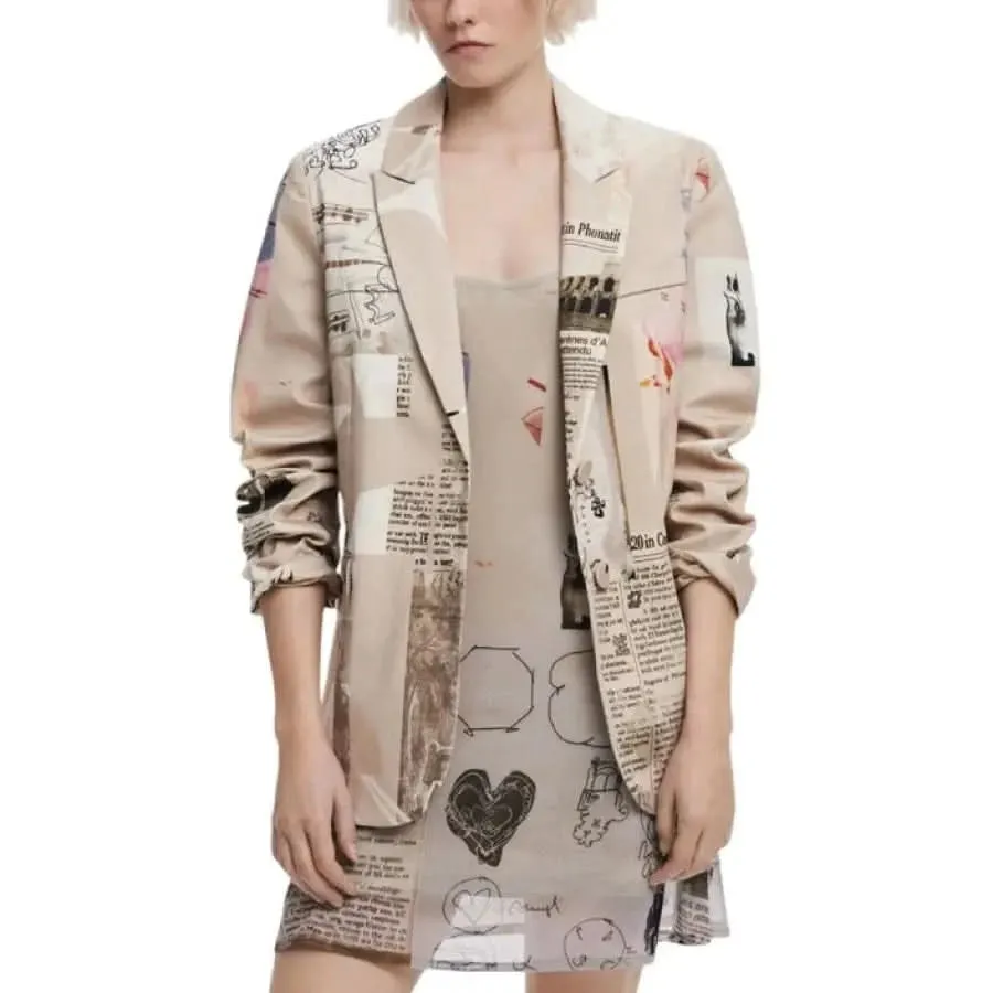 Desigual Women's Beige Printed Blazer with Lapel Collar