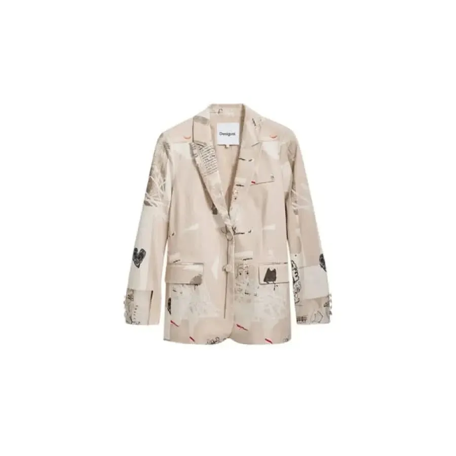 Desigual Women's Beige Printed Blazer with Lapel Collar