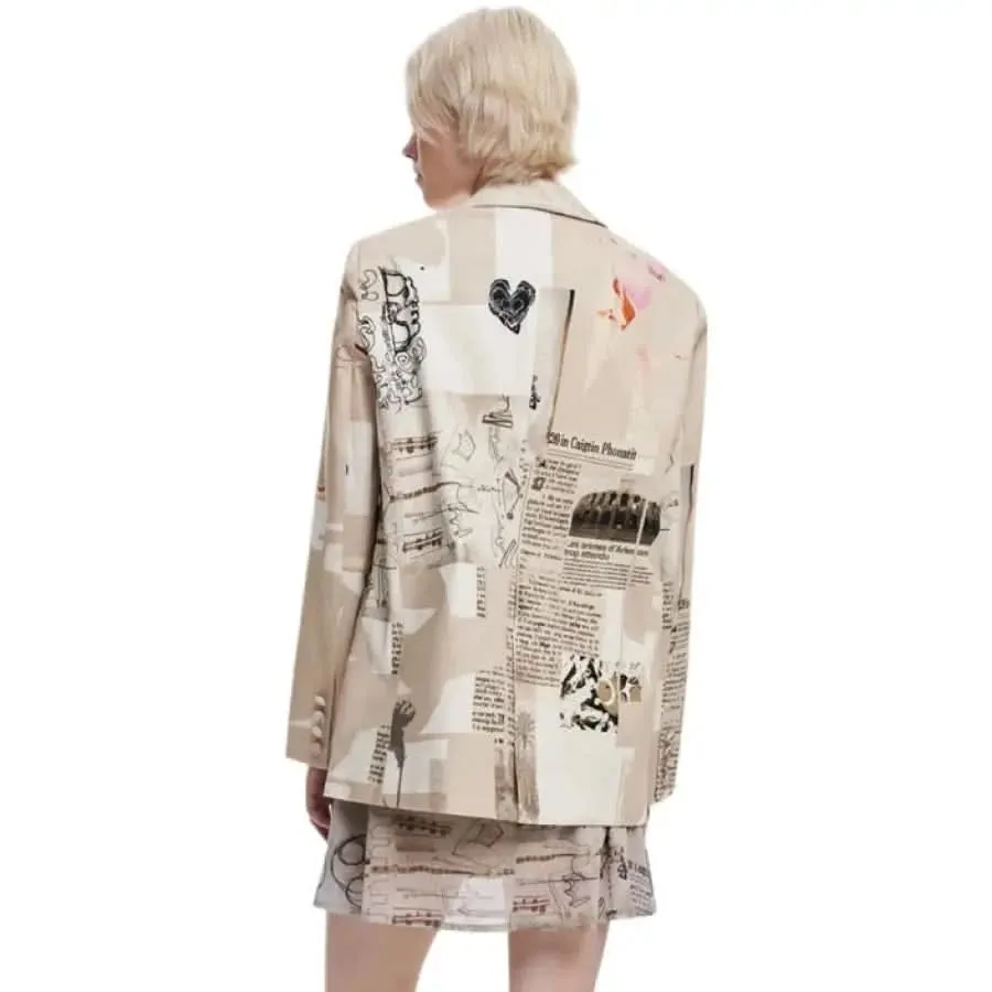 Desigual Women's Beige Printed Blazer with Lapel Collar