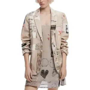 Desigual Women's Beige Printed Blazer with Lapel Collar