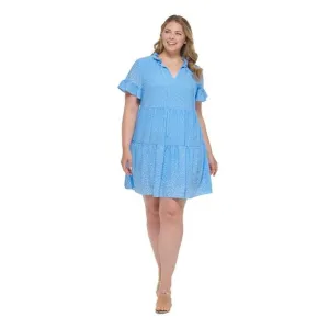 DKNY Womens Light Blue Lined Pullover Flutter Sleeve Split Dress Plus 14W