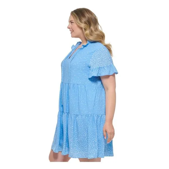 DKNY Womens Light Blue Lined Pullover Flutter Sleeve Split Dress Plus 14W