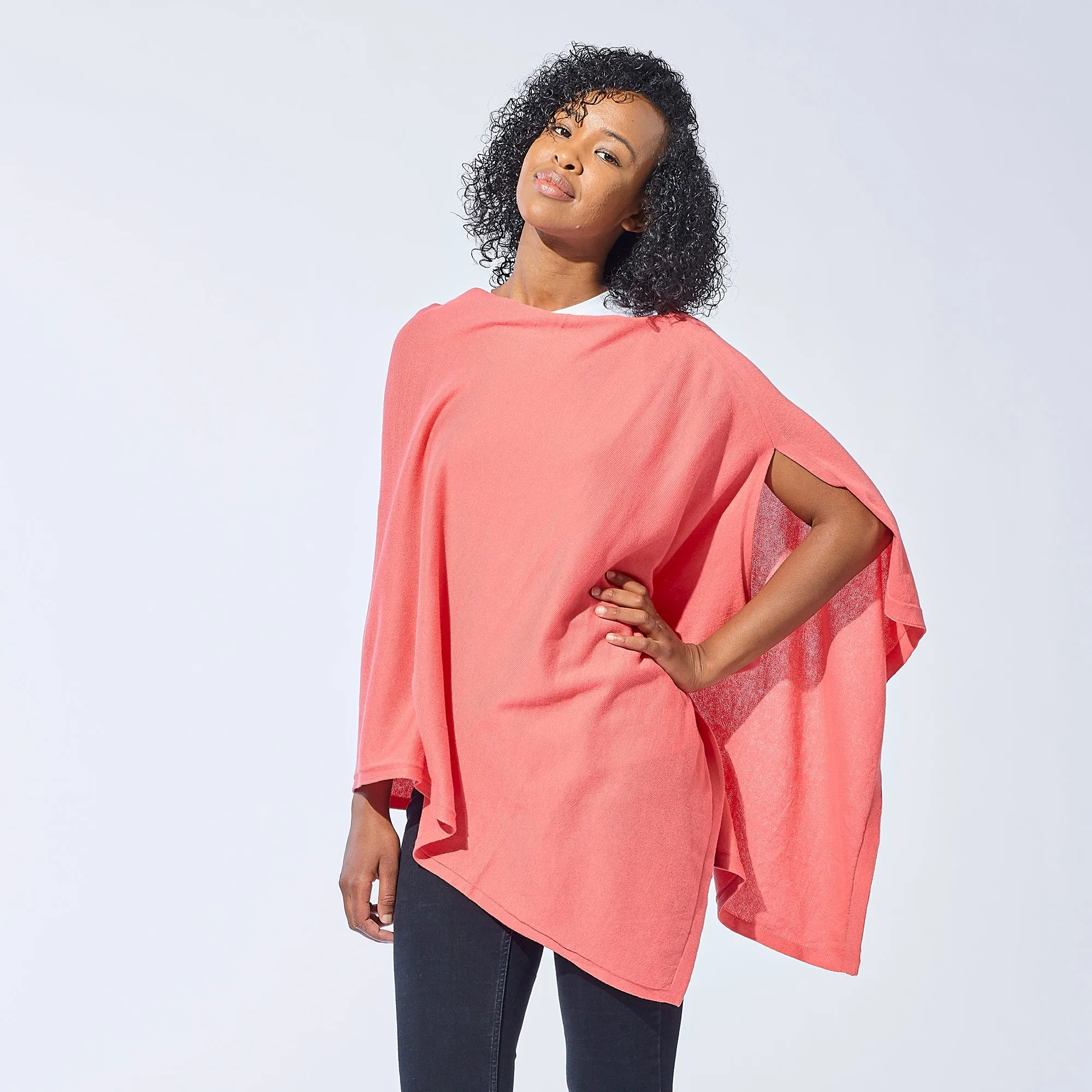 Elegant Solid Cotton Poncho - Coral