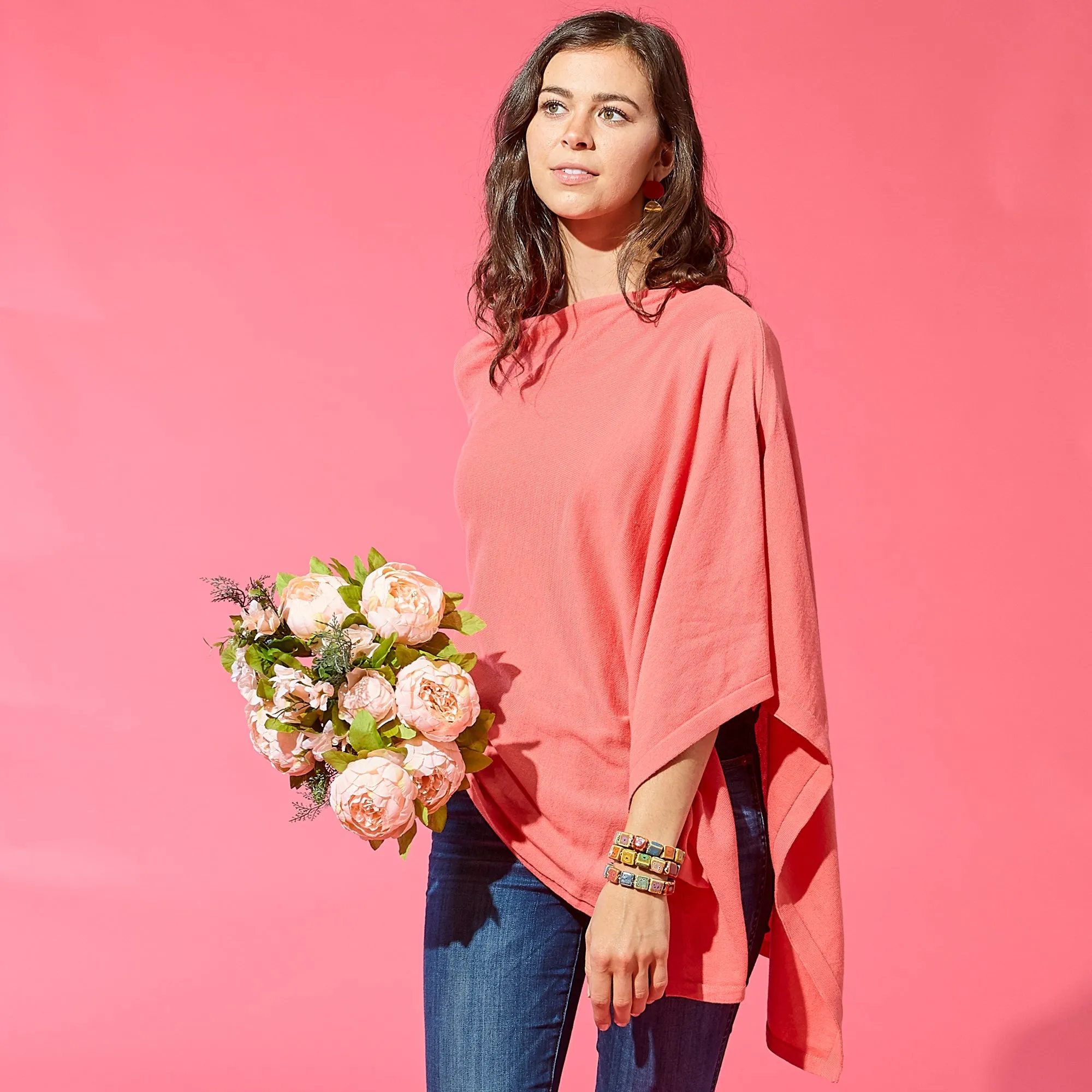 Elegant Solid Cotton Poncho - Coral