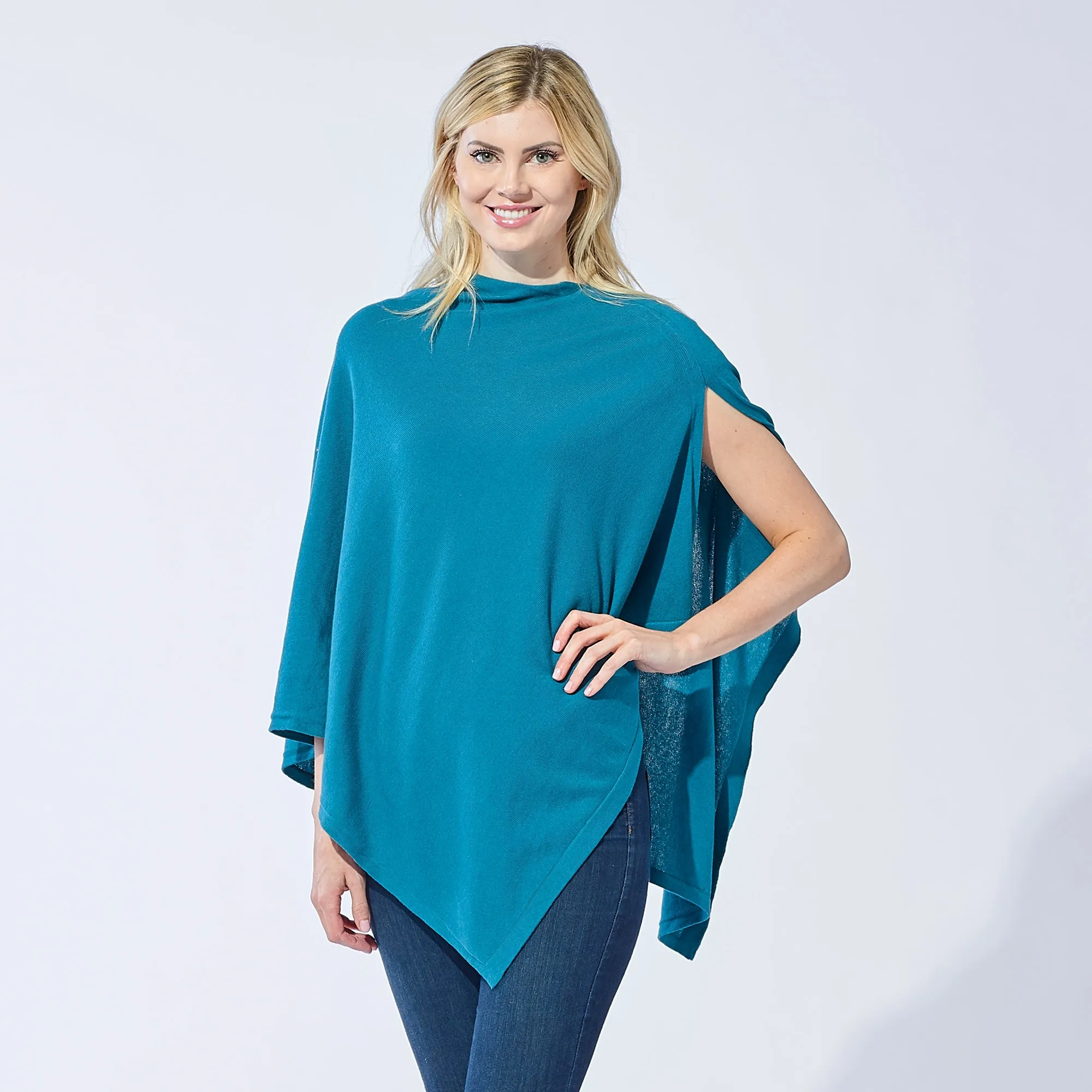 Elegant Solid Cotton Poncho - Teal