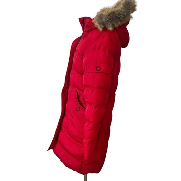 ELORA heavyweight insulated winter parka down alternative vegan red faux fur S
