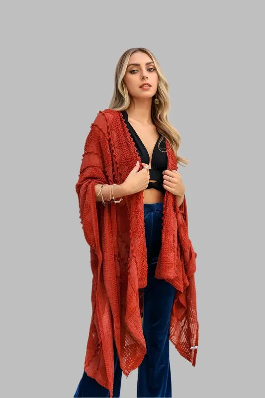 Embroidered Zig Zag Soft Kimono with Pom Poms