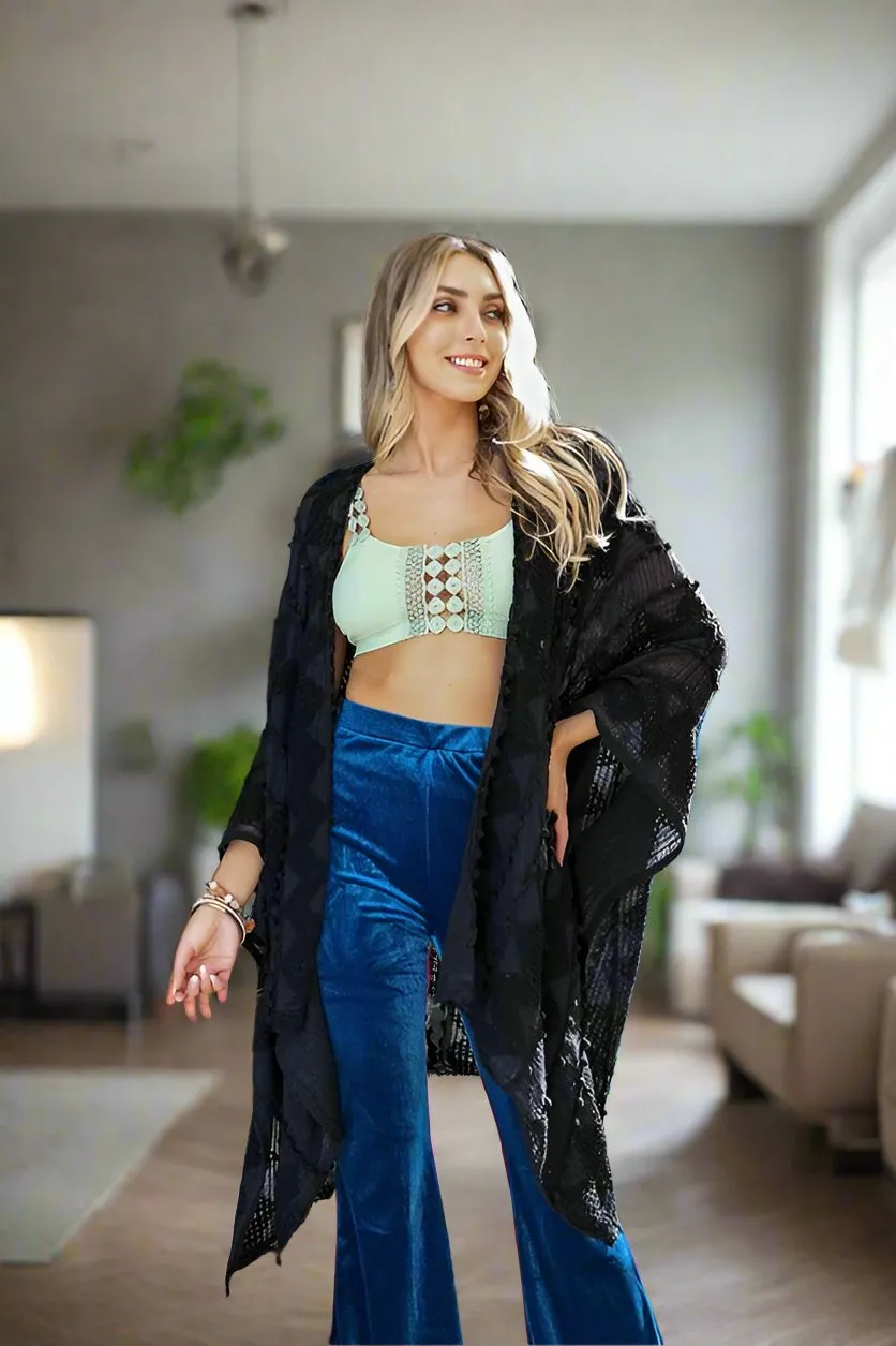 Embroidered Zig Zag Soft Kimono with Pom Poms