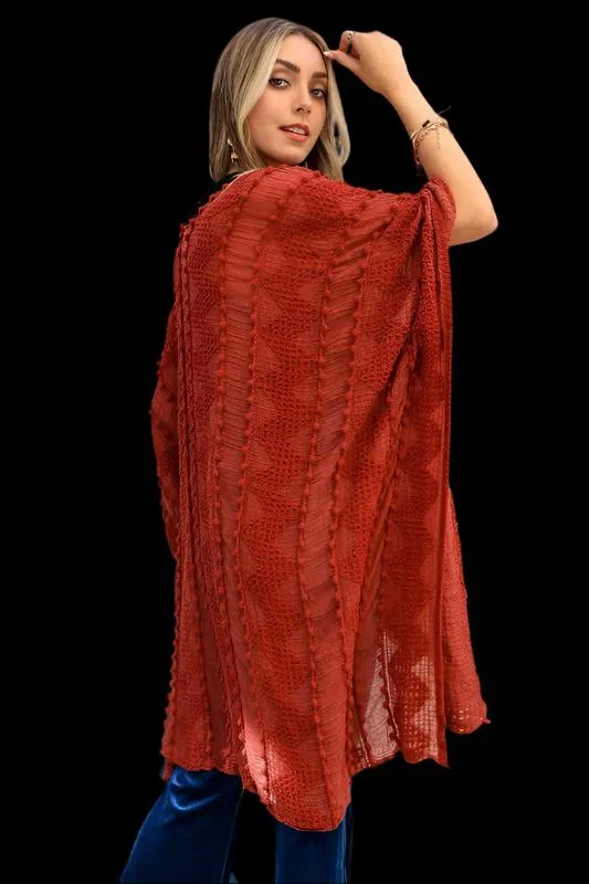 Embroidered Zig Zag Soft Kimono with Pom Poms