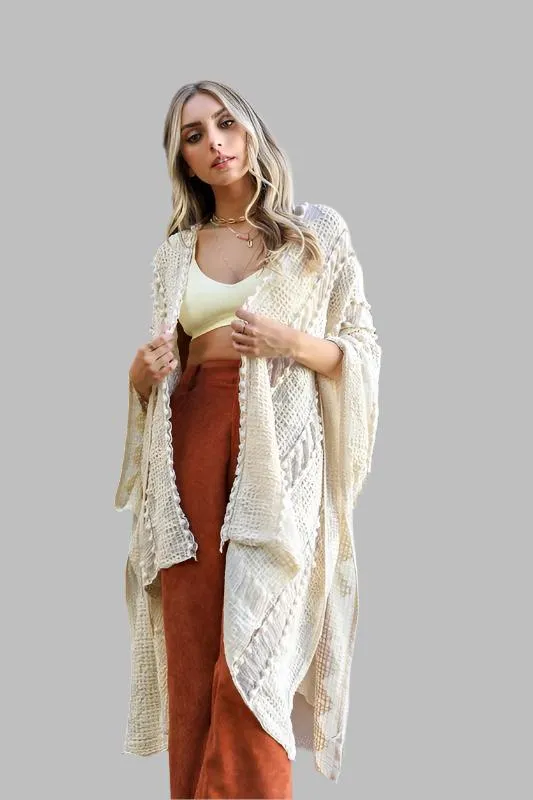 Embroidered Zig Zag Soft Kimono with Pom Poms