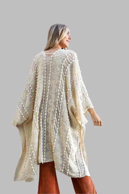 Embroidered Zig Zag Soft Kimono with Pom Poms