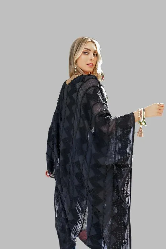 Embroidered Zig Zag Soft Kimono with Pom Poms