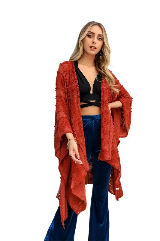 Embroidered Zig Zag Soft Kimono with Pom Poms