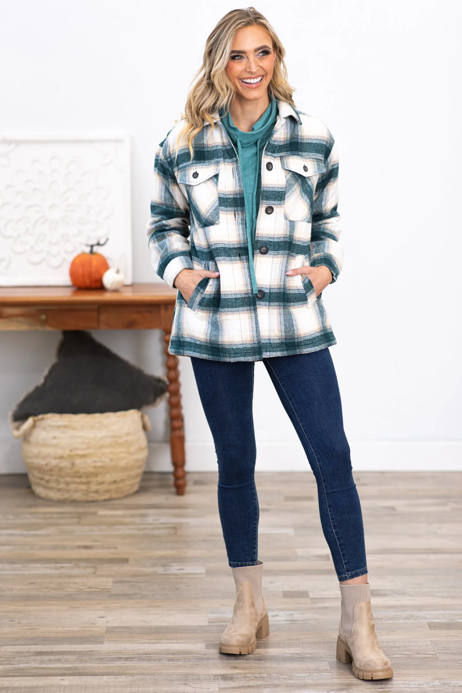 Emerald and Ivory Plaid Sherpa Lined Shacket