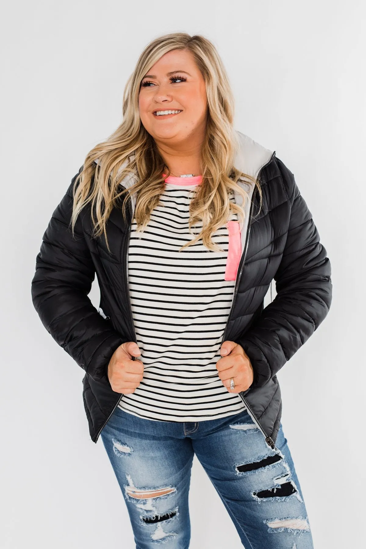 Everything I Want Reversible Puffer Coat- Black & Light Grey