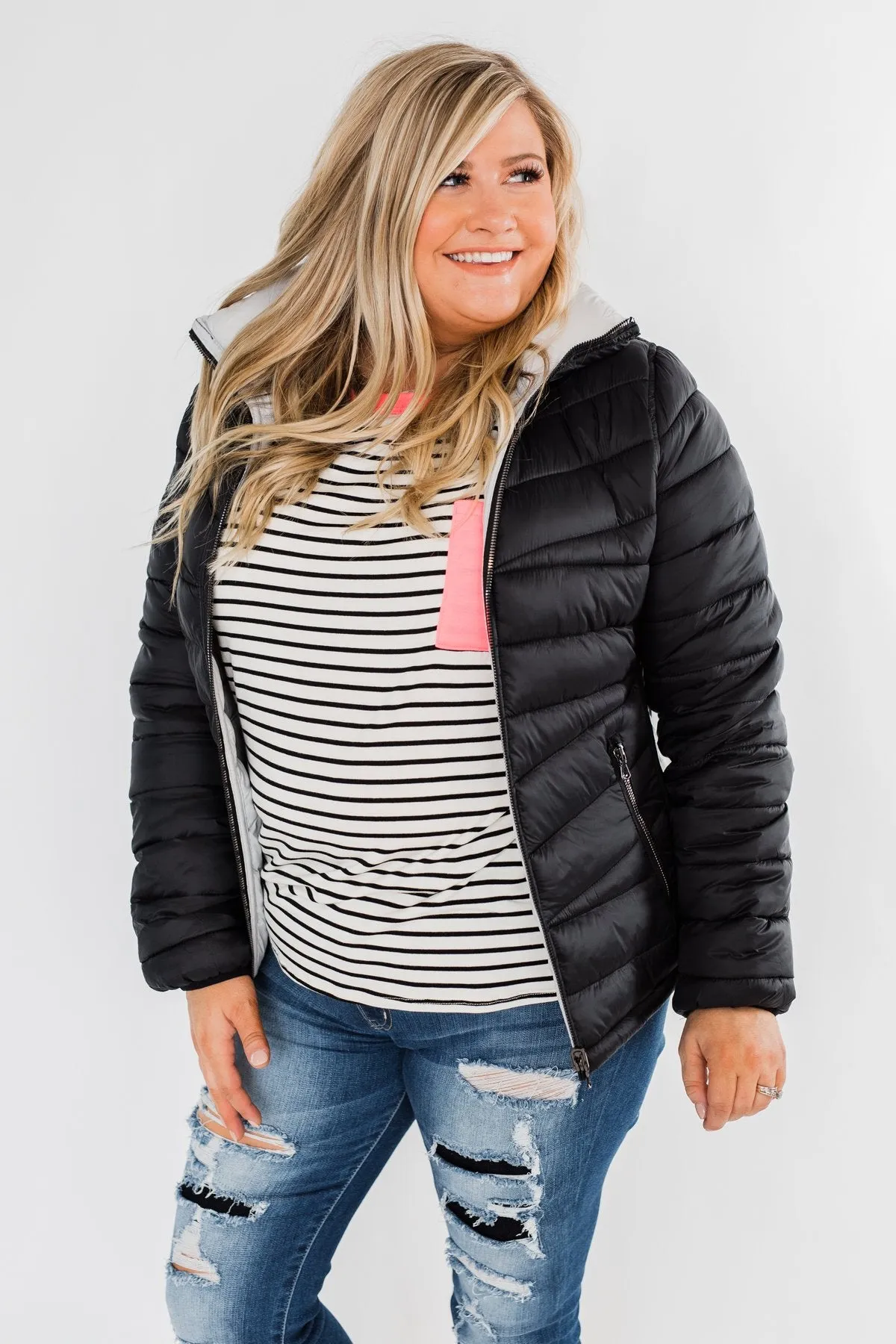 Everything I Want Reversible Puffer Coat- Black & Light Grey