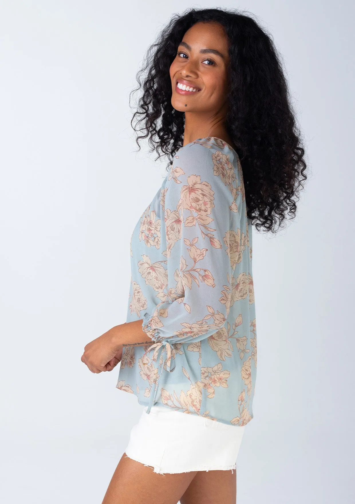 Floral 3/4 Raglan Sleeve V Neck Blouse