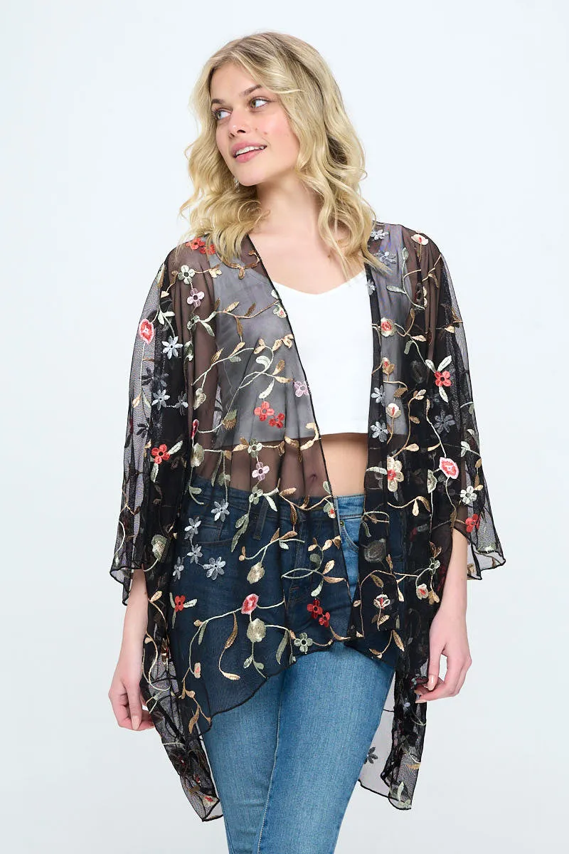 Floral embroidered mesh oversized kimono