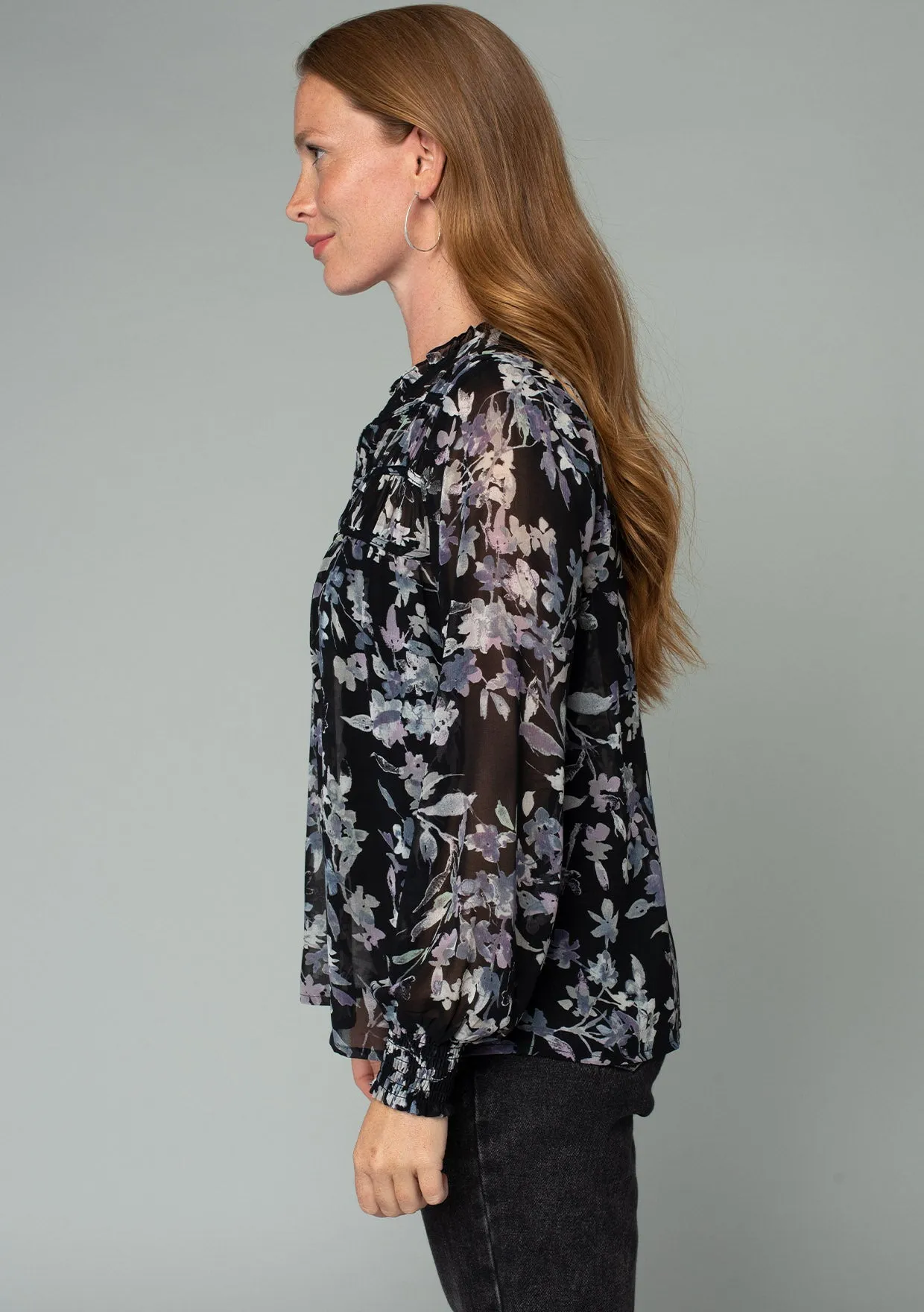 Floral Long Sleeve Front Yolk Ruffled Blouse