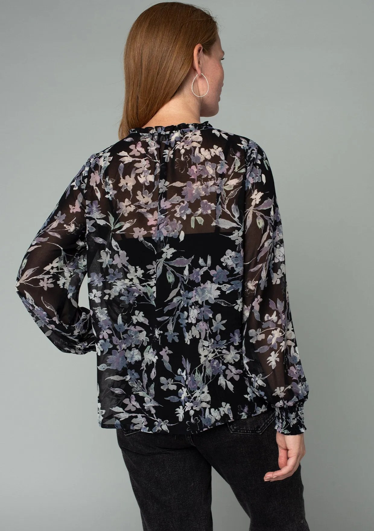 Floral Long Sleeve Front Yolk Ruffled Blouse