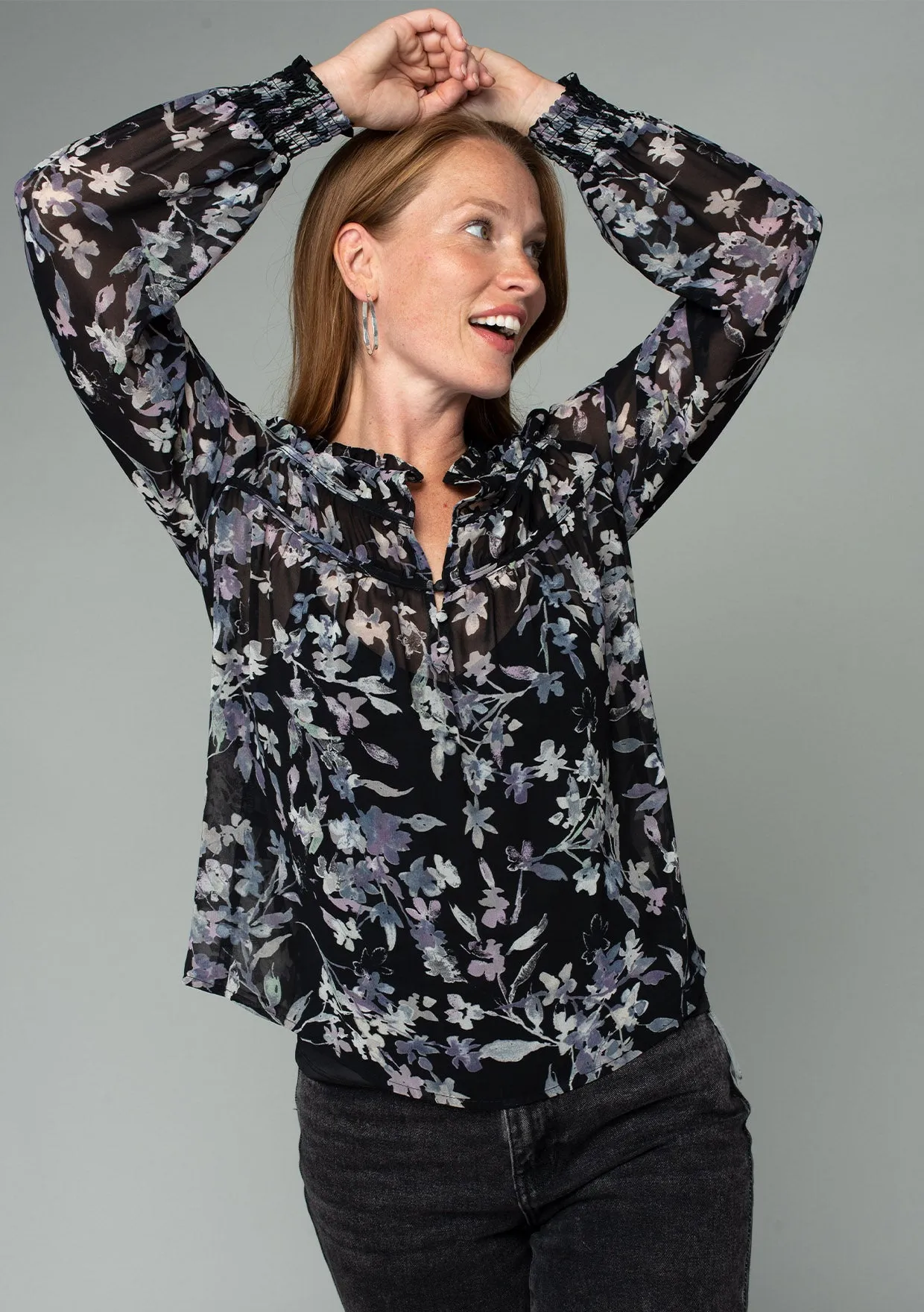 Floral Long Sleeve Front Yolk Ruffled Blouse