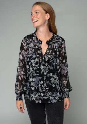 Floral Long Sleeve Front Yolk Ruffled Blouse