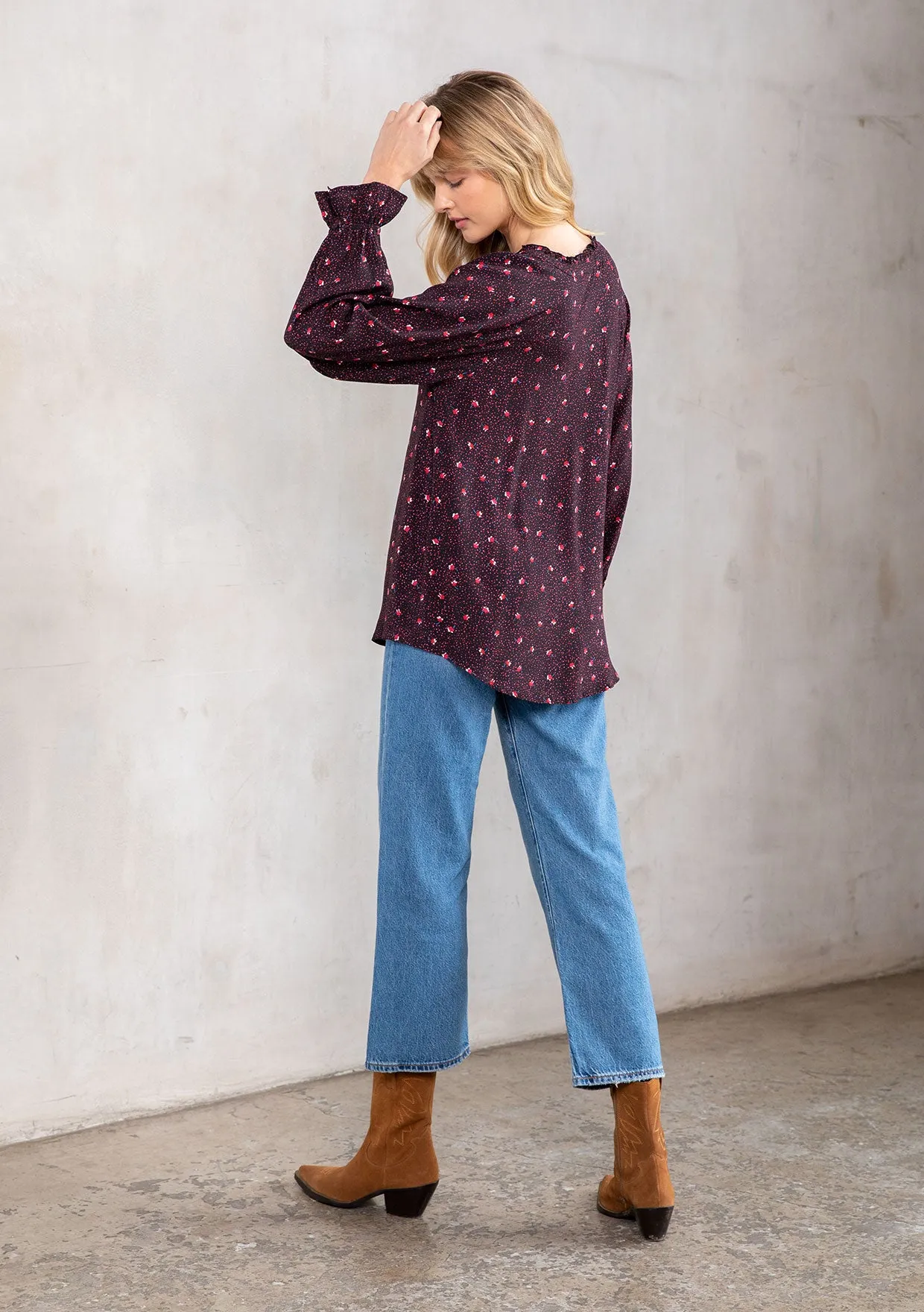 Floral Print Ruffled Long Sleeve Peasant Blouse